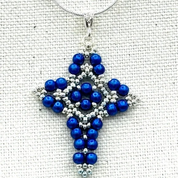 Hand Crafted Blue Pearl Cross Pendant Necklace - Picture 4 of 8